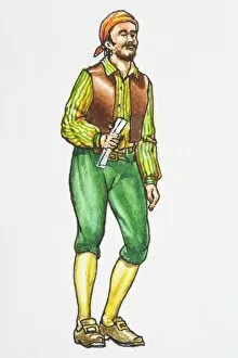 Leather Gallery: Illustration of pirate holding paper, with beard wearing headscarf, shirt, waistcoat