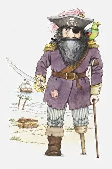 Illustration of a pirate with parrot perched on his shoulder
