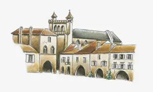 Aquitaine Prints: Illustration of Place des Arcades, Monflanquin, Lot-et-Garonne, France