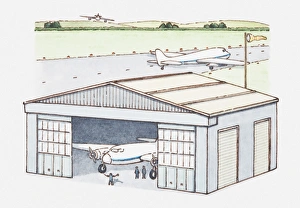Incidental People Collection: Illustration of plane in hangar and another one on runway
