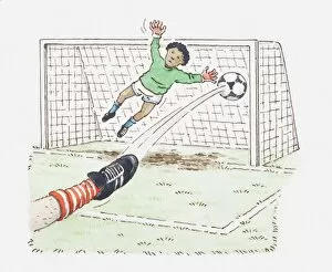 Soccer Gallery: Illustration of players foot kicking football into goal, goalkeeper in mid-air