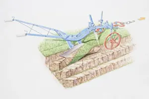 Digging Prints: Illustration, plough turning over soil and creating furrows