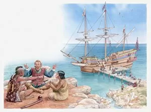 Illustration of Pocahontas and her father sitting and talking with Captain John Smith