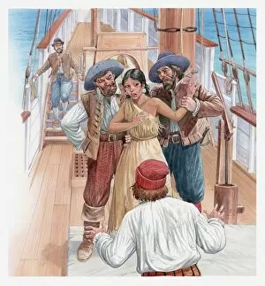 Illustration of Pocahontas being held on a boat