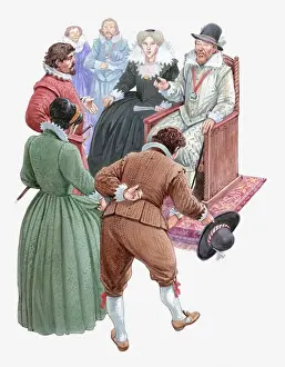 Meeting Prints: Illustration of Pocahontas and her husband John Rolfe meeting King James and Queen Anne
