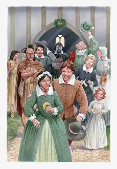 Mature Adult Prints: Illustration of Pocahontas and John Rolfe leaving church after their wedding
