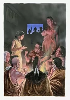 Illustration of Pocahontas speaking to her father and her tribe
