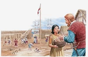 Illustration of Pocahontas visiting Captain John Smith in compound