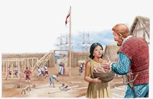 Giving Prints: Illustration of Pocahontas visiting Captain John Smith in compound