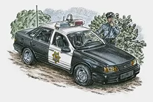 Illustration of police officer standing next to police car