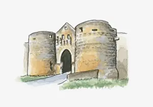 Fortified Wall Prints: Illustration of Porte des Tours, Domme, Dordogne, France