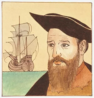 Illustration of portrait of Vasco da Gama with ship in background
