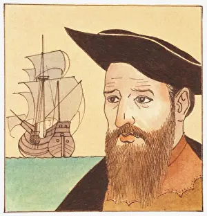 Circa 15th Century Prints: Illustration of portrait of Vasco da Gama with ship in background