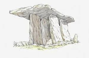 Illustration of Poulnabrone Dolmen, neolithic chamber tomb, County Clare, Ireland