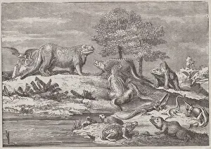 Aquaculture Prints: Illustration of Prehistoric Animals Alongside Water Hole