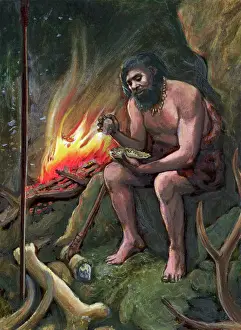 Invention Prints: Illustration of a Prehistoric Man Making a Tool