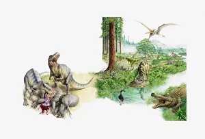 Triceratops Prints: Illustration of prehistoric scene showing various dinosaurs