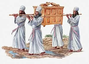 Only Men Gallery: Illustration of four priests carrying the Ark of the Covenant and crossing the River Jordan