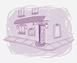 Illustration in purple, view down two sides of house on corner, showing ground floor and first floor