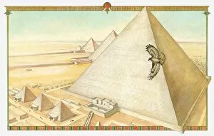 Illustration of pyramids of Gizeh and falcon flying in the air