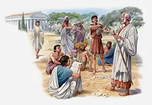Illustration of Pythagora and his followers discovering the harmony of the universe