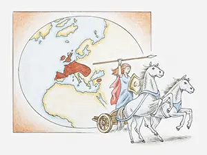 Chariot Prints: Illustration of Queen Boudicca on chariot in front of map showing Celtic territories across Europe