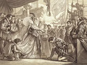 Courtier Prints: Illustration of Queen Elizabeth Knighting Sir Francis Drake