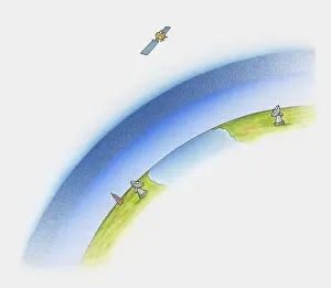Satellite Prints: Illustration of radio waves transmitted from satellite in space through Earths atmosphere