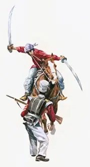 Weaponry Prints: Illustration of Rani of Jhansi on horseback attacking British soldier with swords