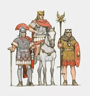30 39 Years Collection: Illustration of three ranks of Roman soldier, Centurion, Legate on horseback, and Standard Bearer