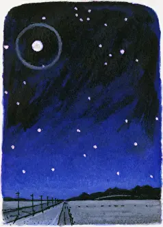 Crystal Prints: Illustration of ring around full moon caused by reflection of moonlight from crystals in upper atmosphere of night sky