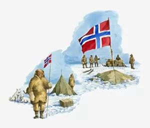 Images Dated 9th March 2010: Illustration of Roald Amundsen with men at camp Polheim holding Norwegian flag