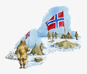 Teamwork Prints: Illustration of Roald Amundsen with men at camp Polheim holding Norwegian flag