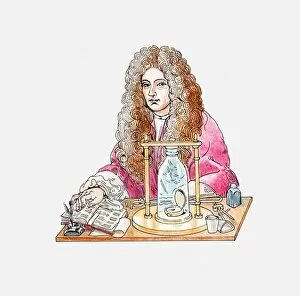 Illustration of Robert Boyle conducting experiment, showing that sounds are carried by air