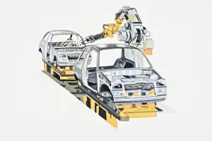 Robot Prints: Illustration of robots building cars on factory production line