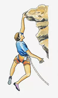 Images Dated 15th December 2011: Illustration of a rock climber hanging onto the edge of a rock with one hand