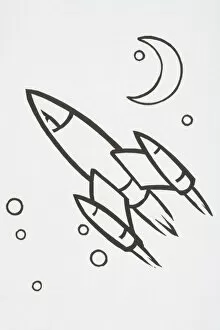 Crescent Gallery: Illustration, rocket flying through space next to crescent moon and stars