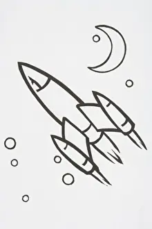 Space Prints: Illustration, rocket flying through space next to crescent moon and stars
