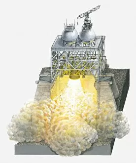 Images Dated 22nd April 2010: Illustration of rocket launch pad being tested with engines burning