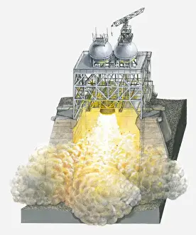Illustration of rocket launch pad being tested with engines burning