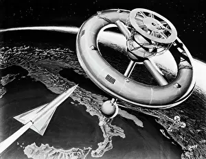 Retrofuturism Prints: Illustration of a Rocket Ship Reaching a Space Station by Ken Fagg