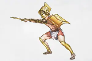 Illustration, Roman gladiator brandishing his sword in front of him, side view
