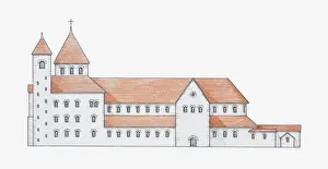 Circa 9th Century Prints: Illustration of Romanesque church, Corvey, Germany, 9th century