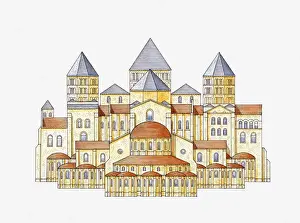 Romanesque Prints: Illustration of Romanesque monastery-church, Cluny, France