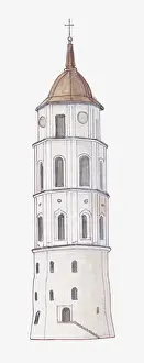 Roman Catholic Prints: Illustration of round bell tower of Cathedral of Vilnius