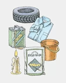 Illustration of rubber tyre, folded shirt, lit candle, plastic bucket, plastic sack and oil can