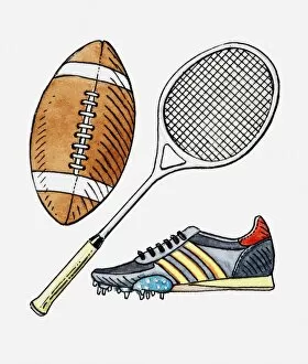 Illustration of rugby ball, tennis racquet, football boot