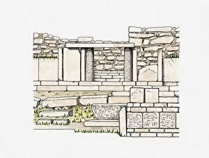 Illustration of ruins of Chavin de Huantar, Peru