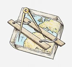 Ruler Prints: Illustration of ruler and pair of compasses on map