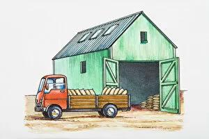 Images Dated 5th March 2008: Illustration of sacks in back of stationary pick-up truck near barn with open doors